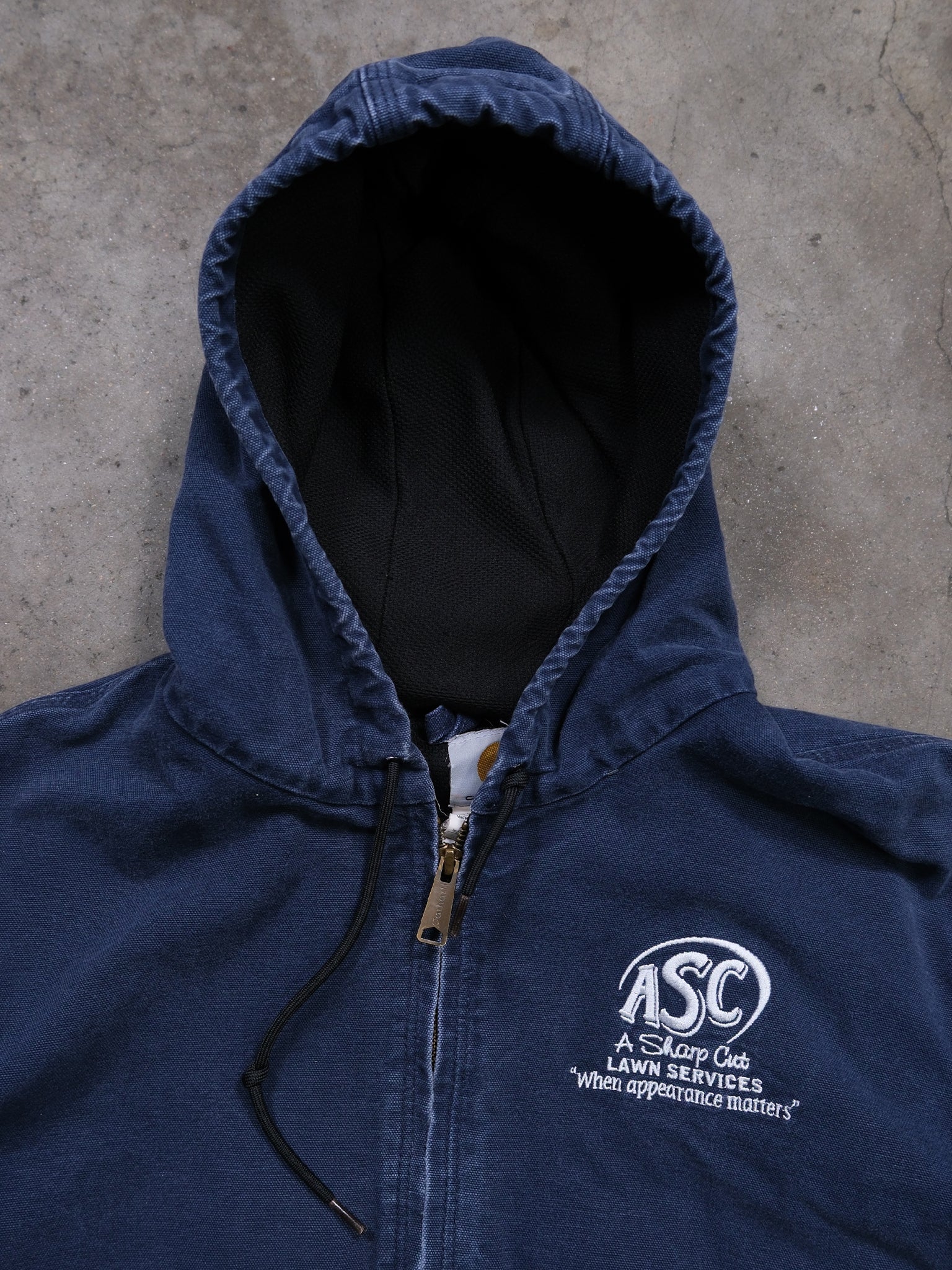 VINTAGE NAVY BLUE 'ASC' EMBROIDERED CARHARTT HOODED JACKET