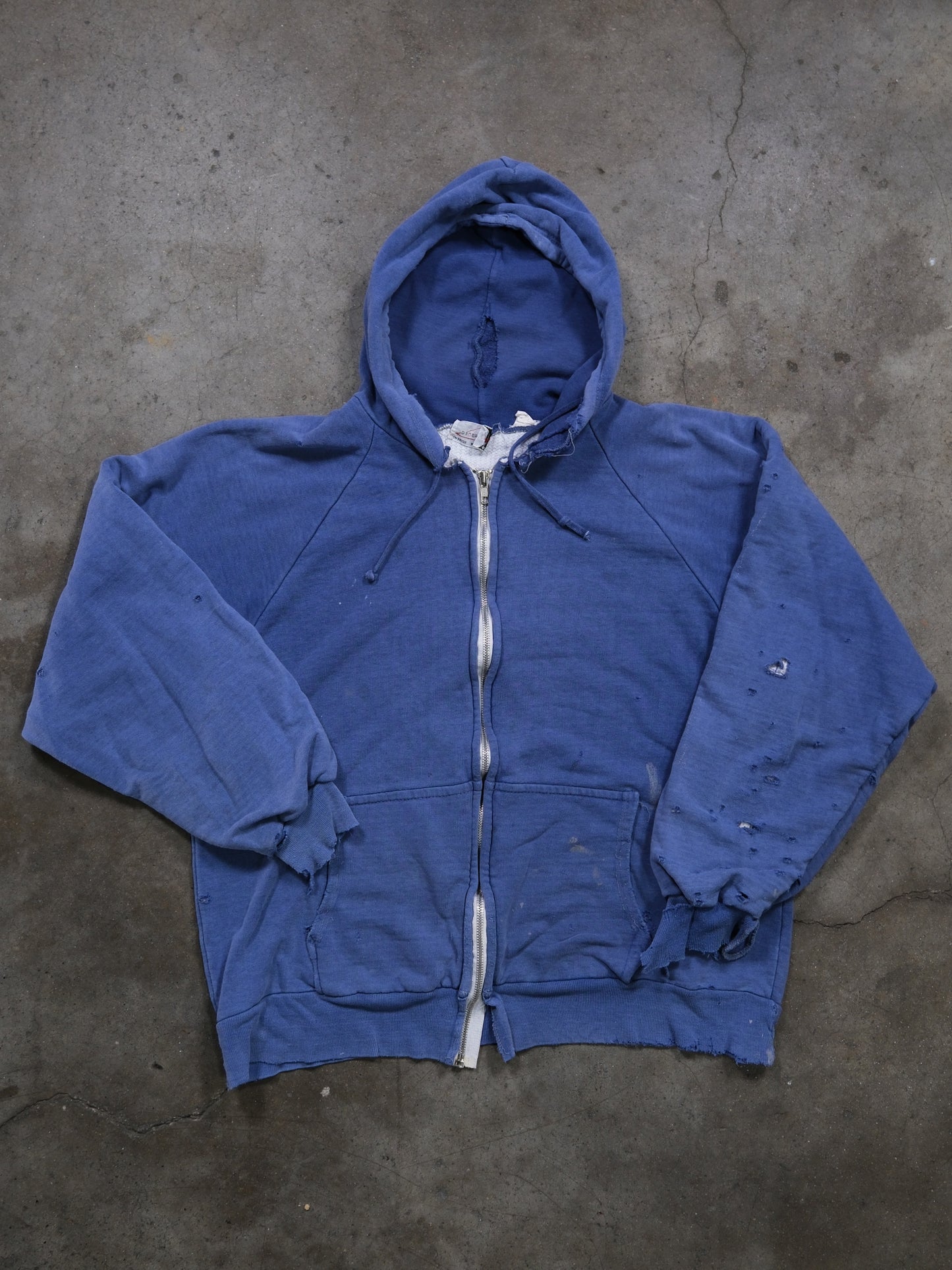 1980S FADED BLUE DISTRESSED THERMAL LINED ZIPUP SWEATSHIRT