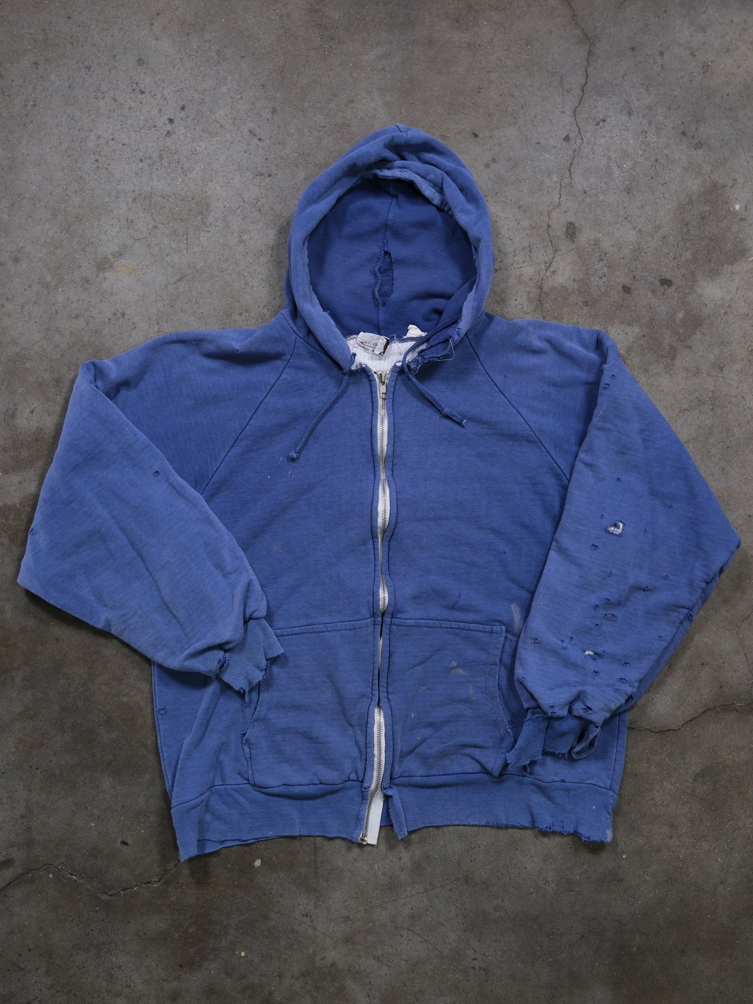 1980S FADED BLUE DISTRESSED THERMAL LINED ZIPUP SWEATSHIRT